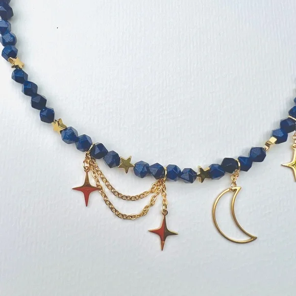 Starry Night natural gemstone lapis lazuli moonstone beads statement necklace - Picture 3 of 10